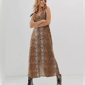 ASOS Womens Dress Size 6 Maxi Leopard Print Linen Blend Front Slit Streetwear